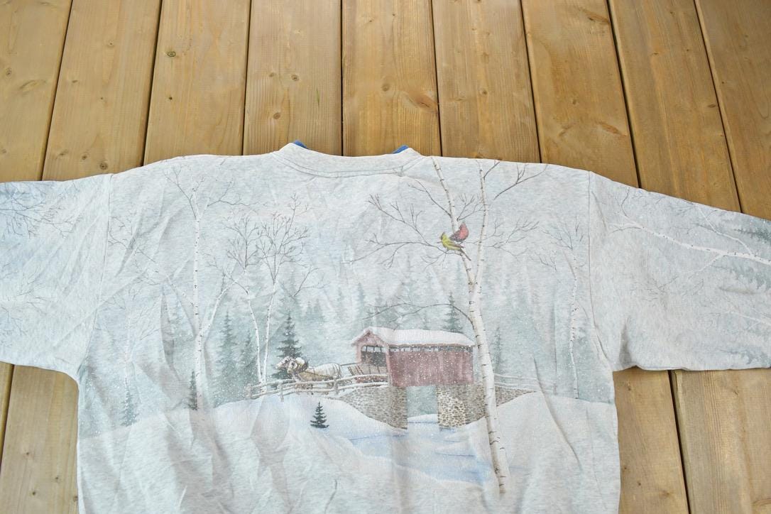 Vintage 1990s Artisans AOP Winter Theme Button Up Double Collar Souvenir Crewneck Sweatshirt