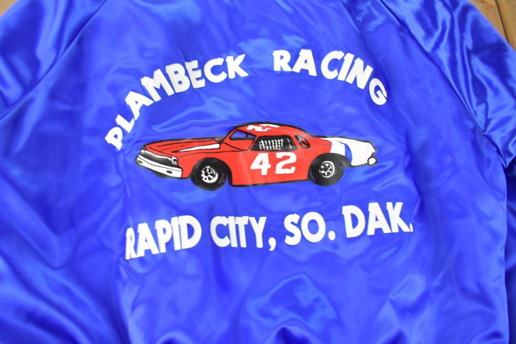 Vintage 1990s Plambeck Racing Rapid City Dunbrooke Pla-jac Snap Button Satin Jacket Made In USA