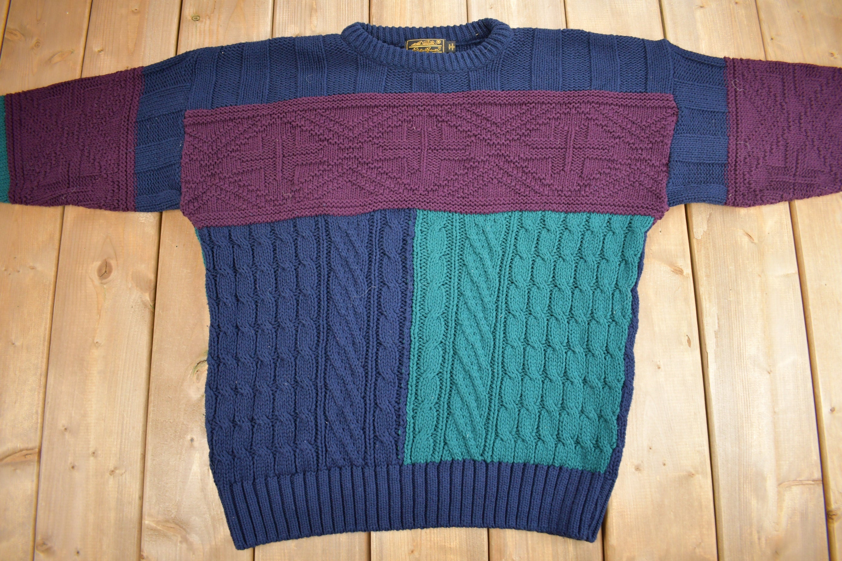 Vintage 1990s Eddie Bauer Color Block Cable Knit Sweater