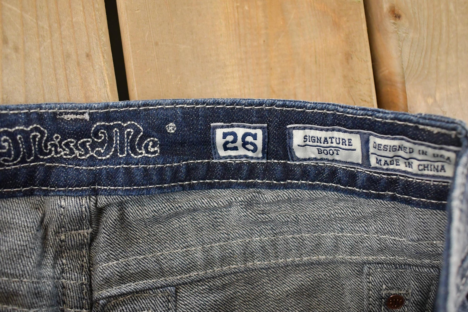 Vintage Deadstock Y2K Miss Me Bedazzled Low Rise Jeans Women's Size 26x31 / Boot Cut Jeans / 2000's Embroidered Contrast Stitched Denim