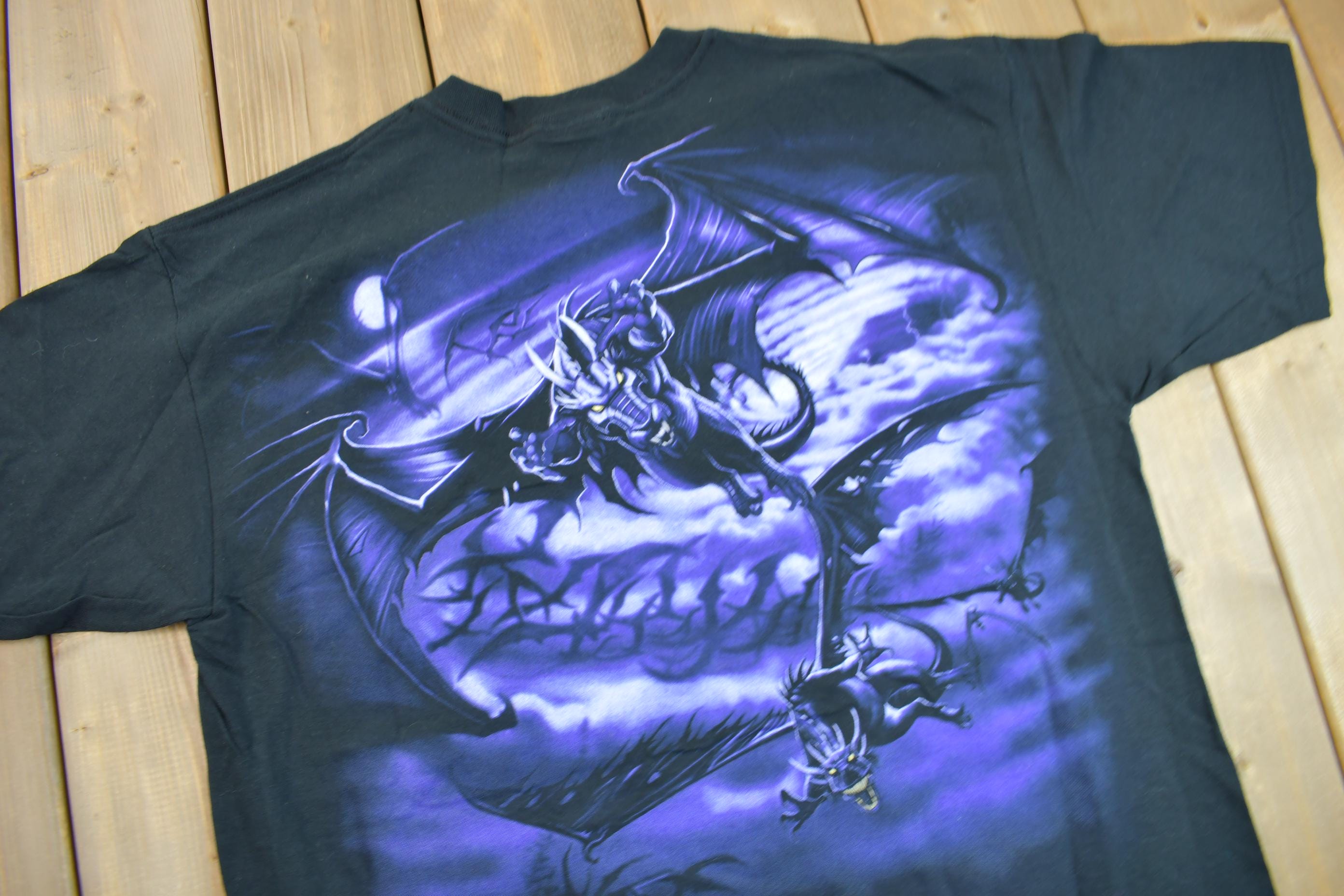 Vintage 1999 Deadstock Liquid Blue Dragon Wizard Big Graphic T-Shirt