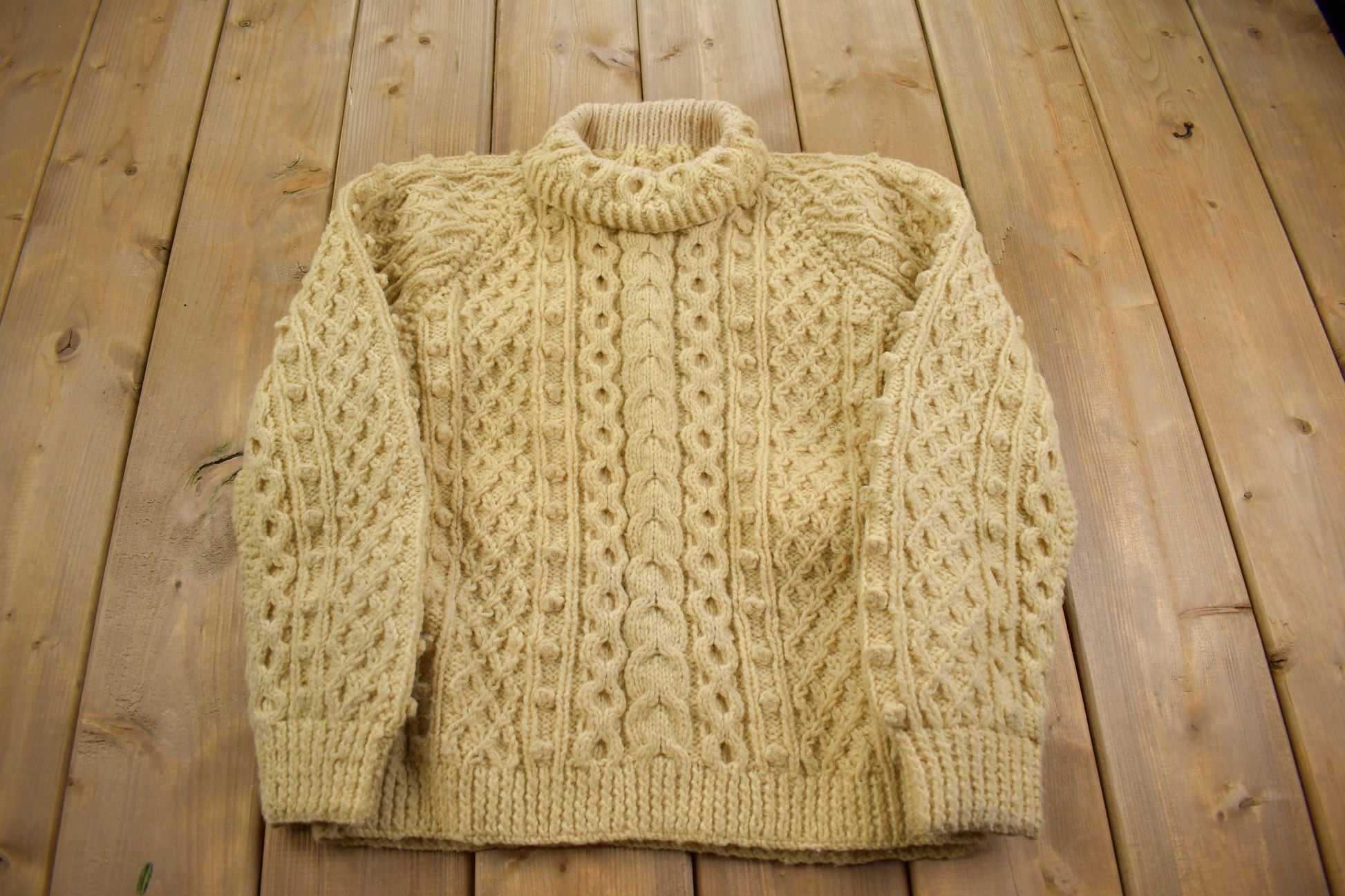 Vintage 1980s 100% Wool Cable Knit Fisherman Turtleneck Sweater