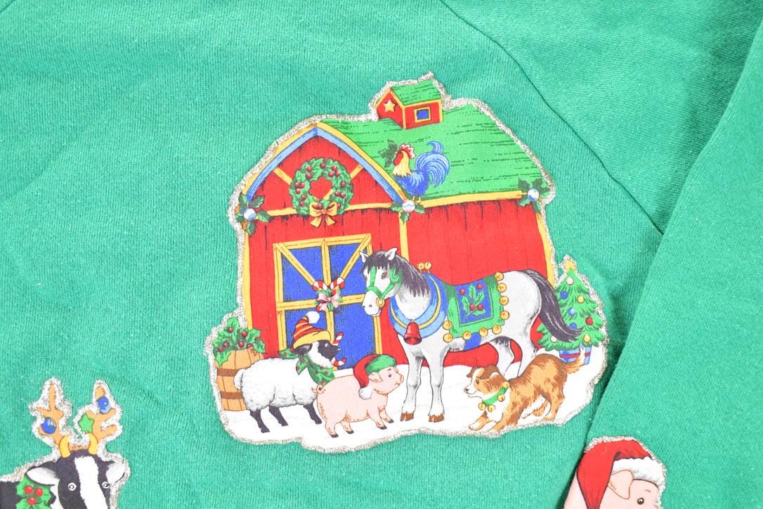 Vintage 1990s Christmas Farm Cow Patchwork Crewneck Sweatshirt Women's L