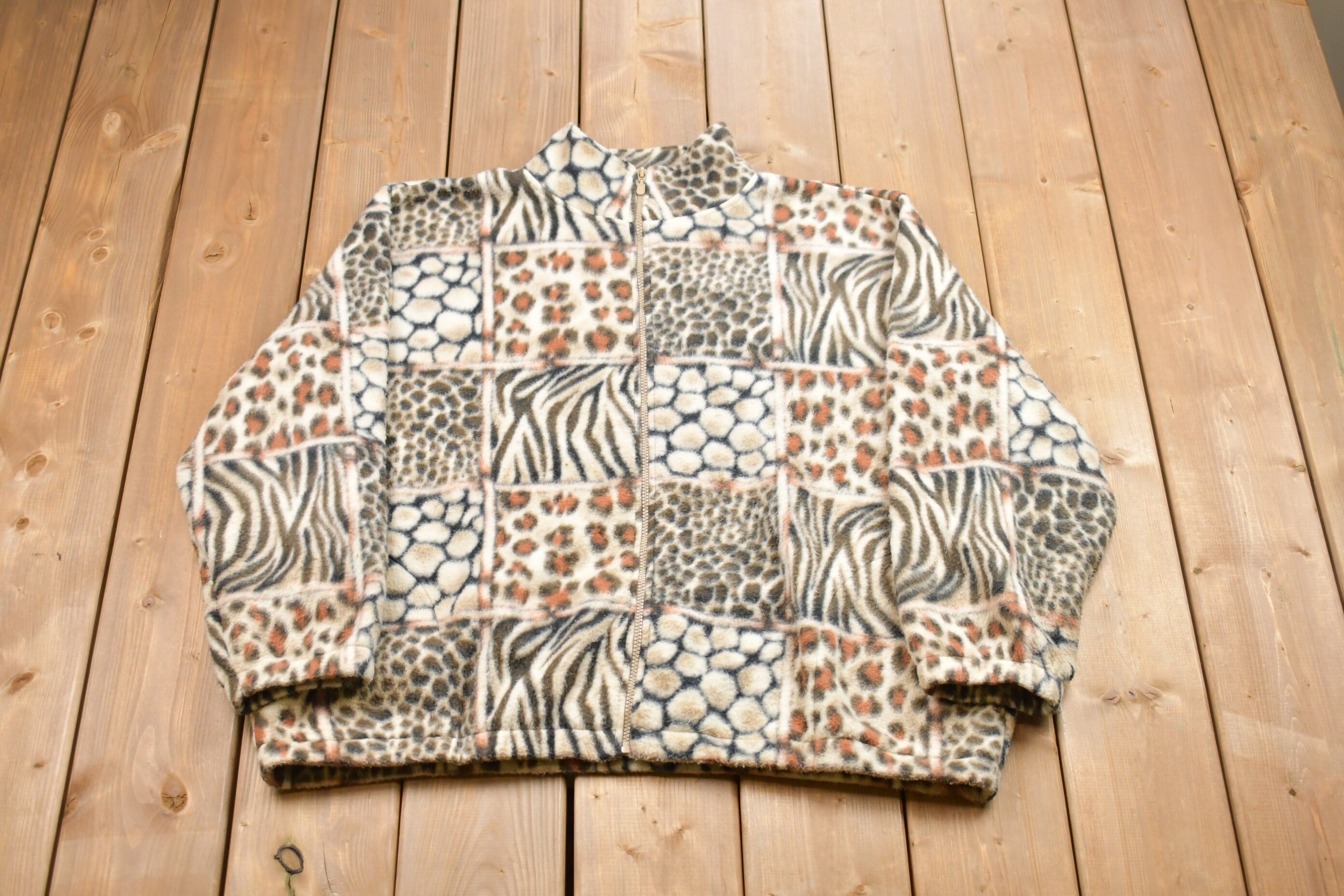 Vintage 1990s Multiple Animal Print Fleece Zip Up Sweater