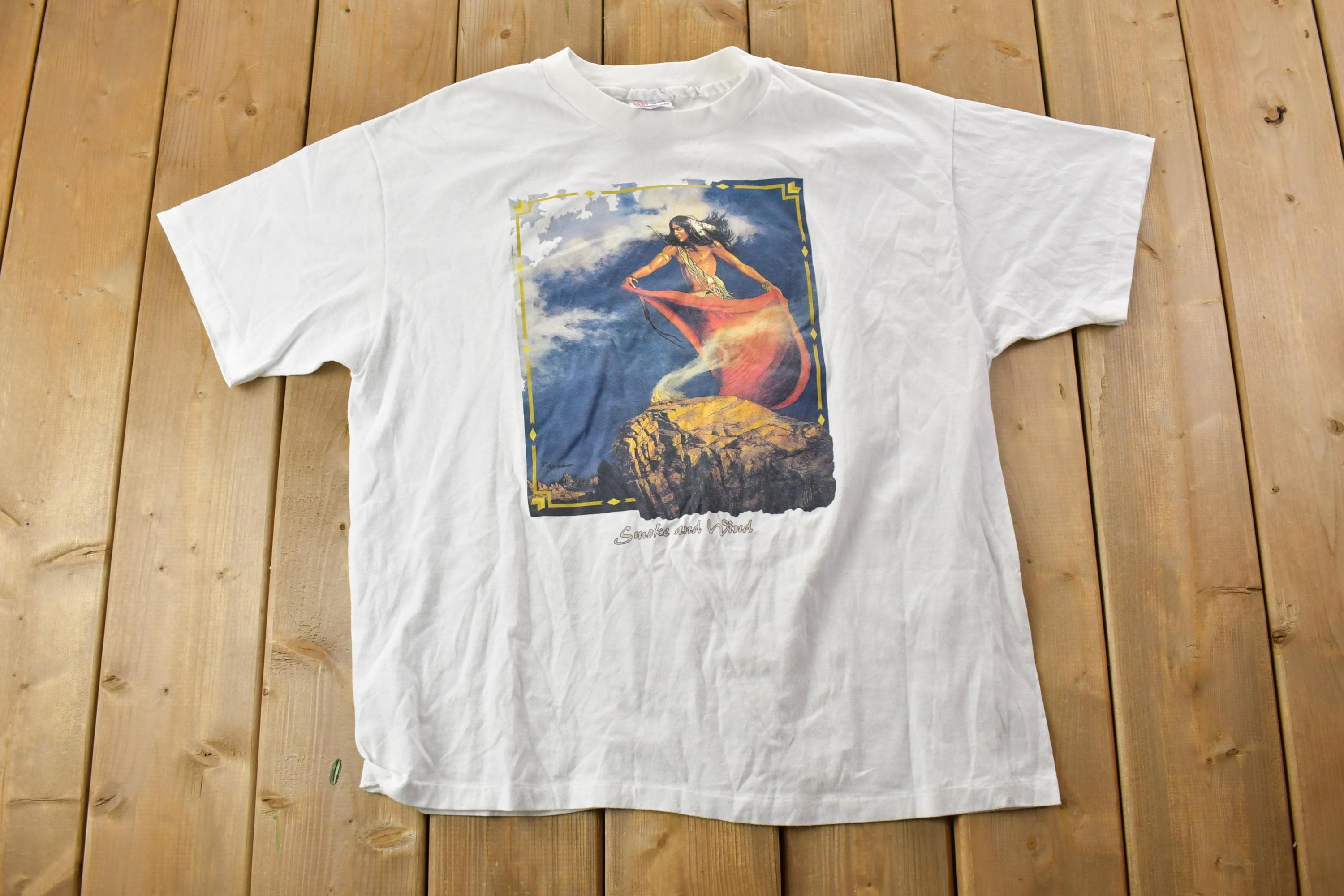 Vintage 1990s Smoke And Nature Wind Theme Graphic T-Shirt