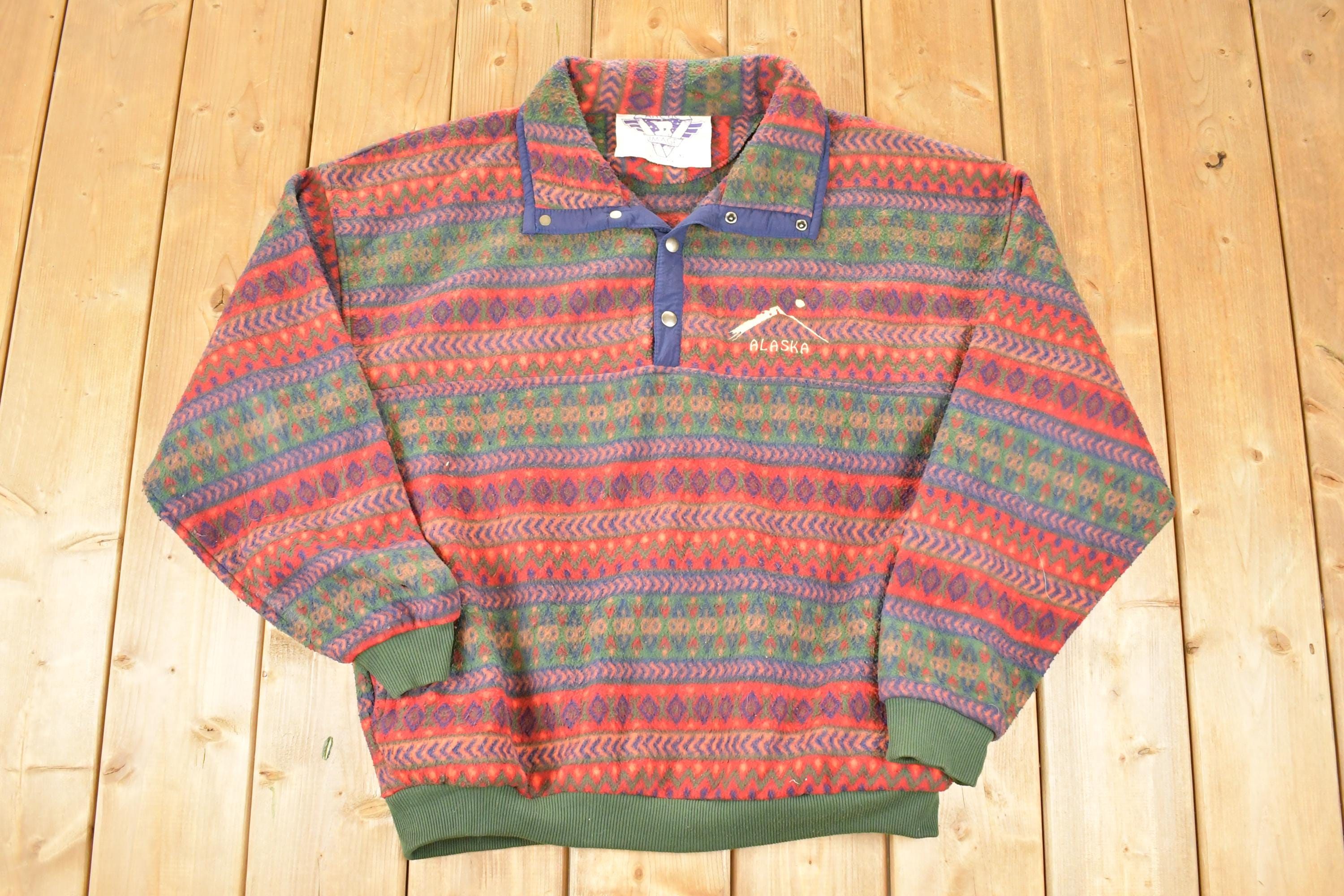 Vintage 1990s Alaska Arctic Image Fleece Outdoorsman Quarter Button Holiday Sweater Men's XL