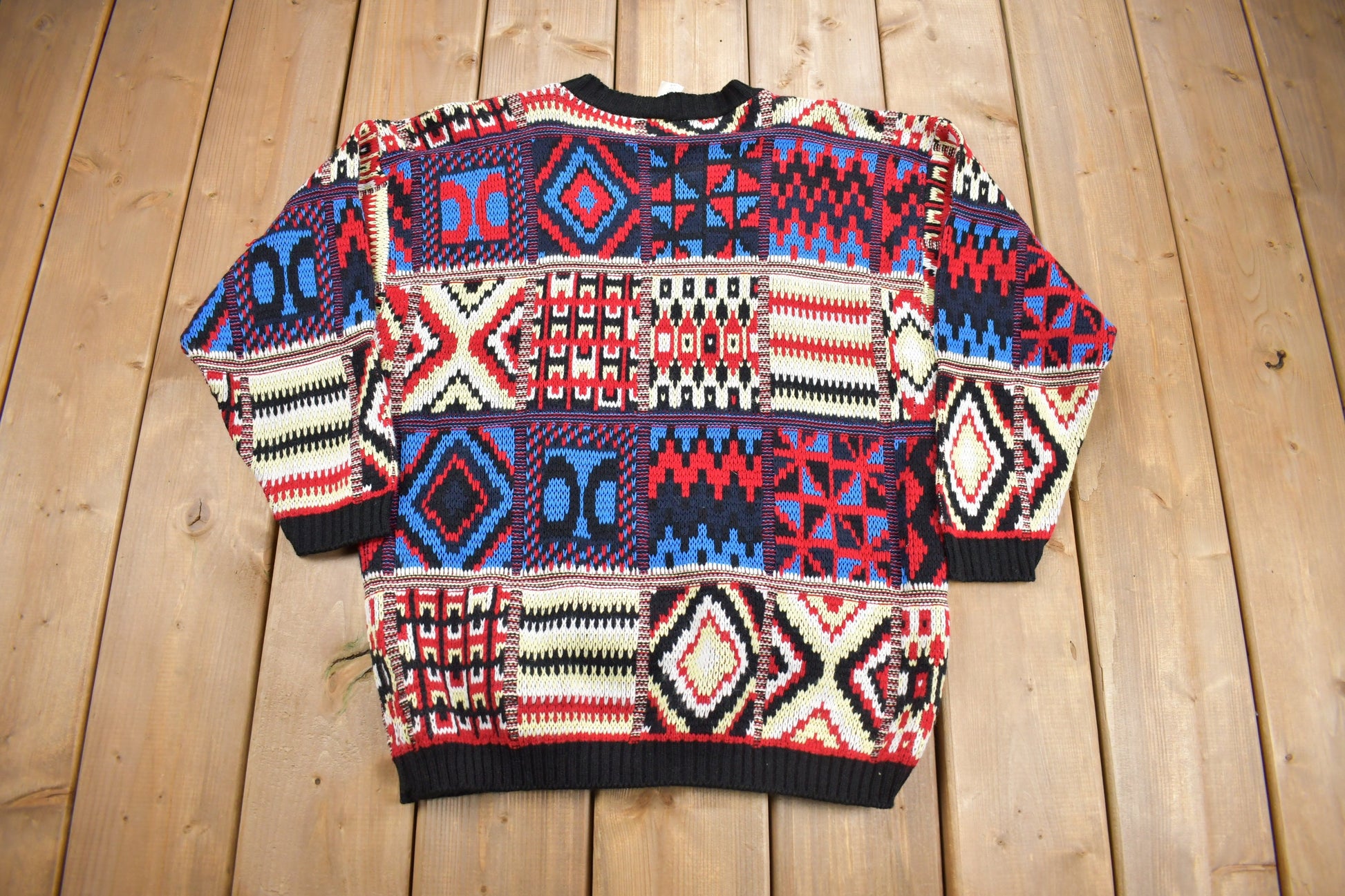 Vintage 1980s Abstract Patchwork Color Block Knit Crewneck Sweater