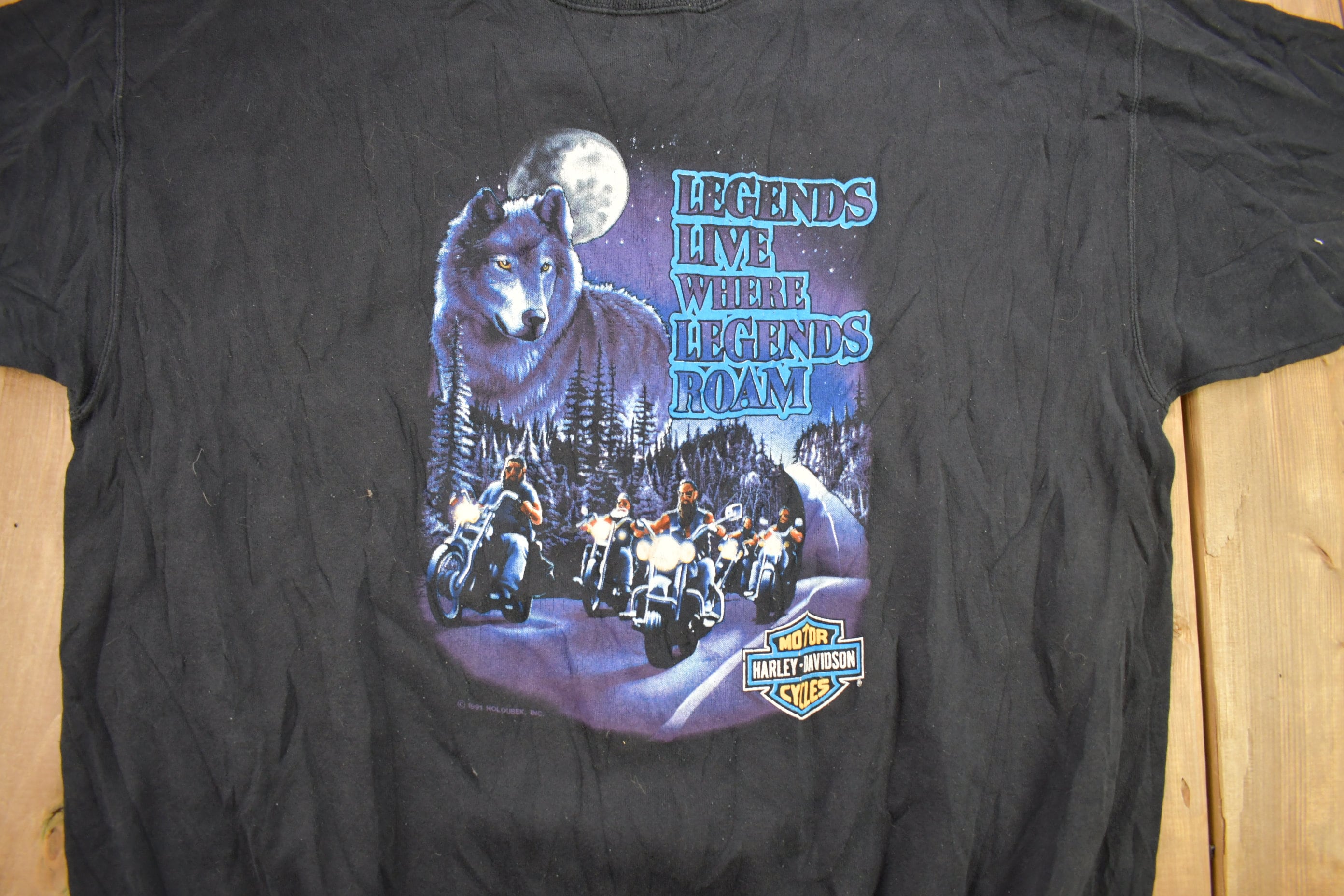 Vintage 1991 Fargo Harley Davidson North Dakota Wolf Theme Crewneck Sweater