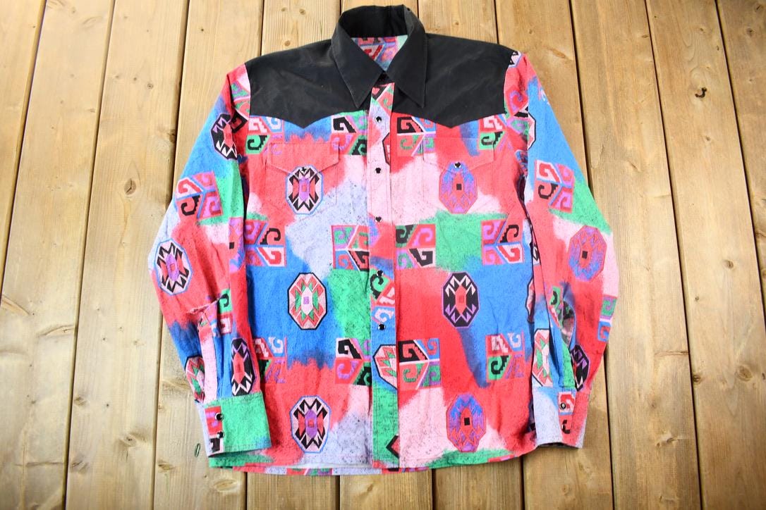 Vintage 1980s Colourful Aztec Pattern Button Up Shirt