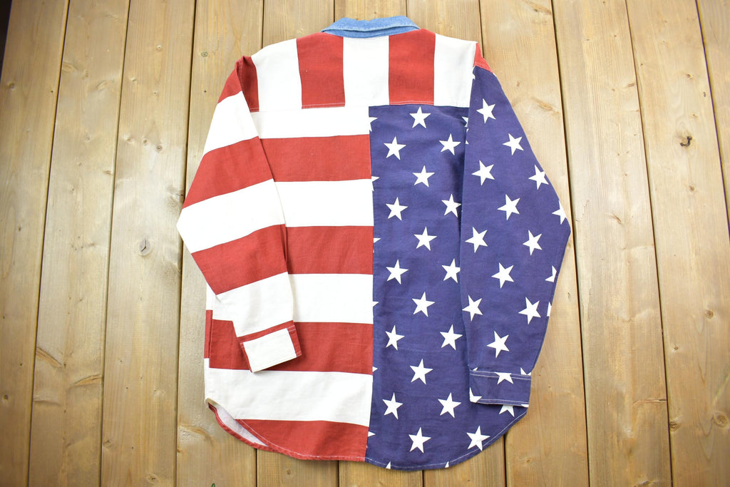 Vintage 1990s All Over Print American Flag Quizz Again Blank Button Up Shirt