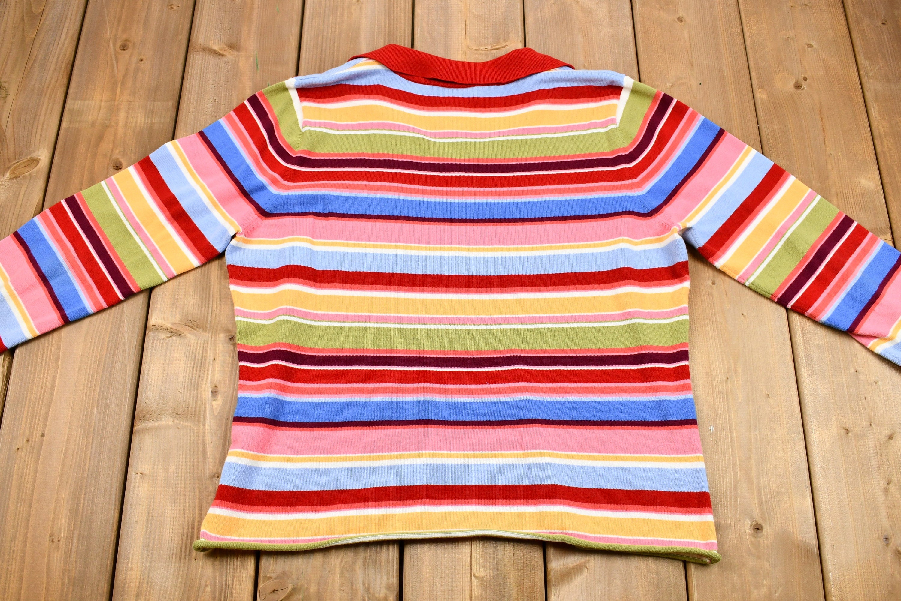 Vintage 1990s Talbots Rainbow Striped V-Neck Collared Sweater