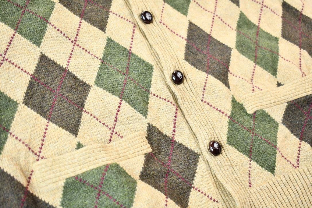 Vintage 1990s Argyle Land's End Knit V-Neck Ribbed Cardigan Sweater Vest