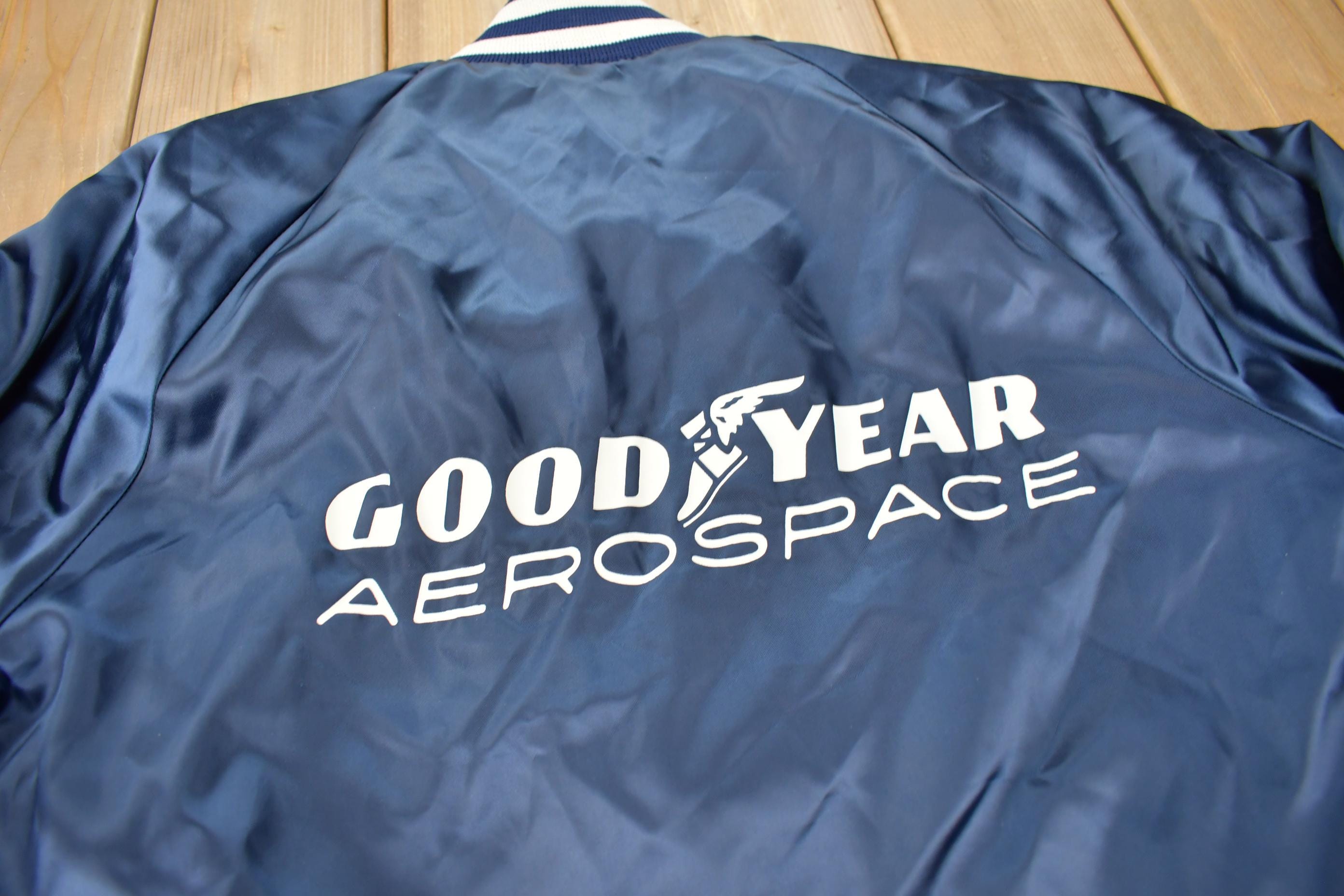 Vintage 1990s Goodyear Aero Space Snap Button Satin Jacket Made In USA