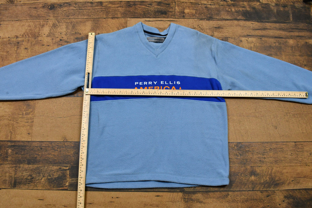 Vintage 1990s Perry Ellis American Embroidered Fleece V-Neck Sweatshirt