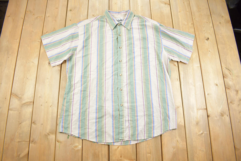 Vintage 1990s Key Elements Striped Pastel Short Sleeved Collard Shirt