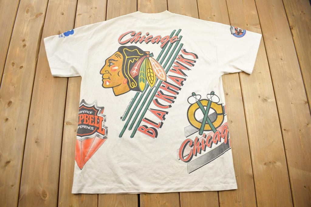 Vintage 1992 Chicago Blackhawks NHL All Over Print Graphic T-Shirt