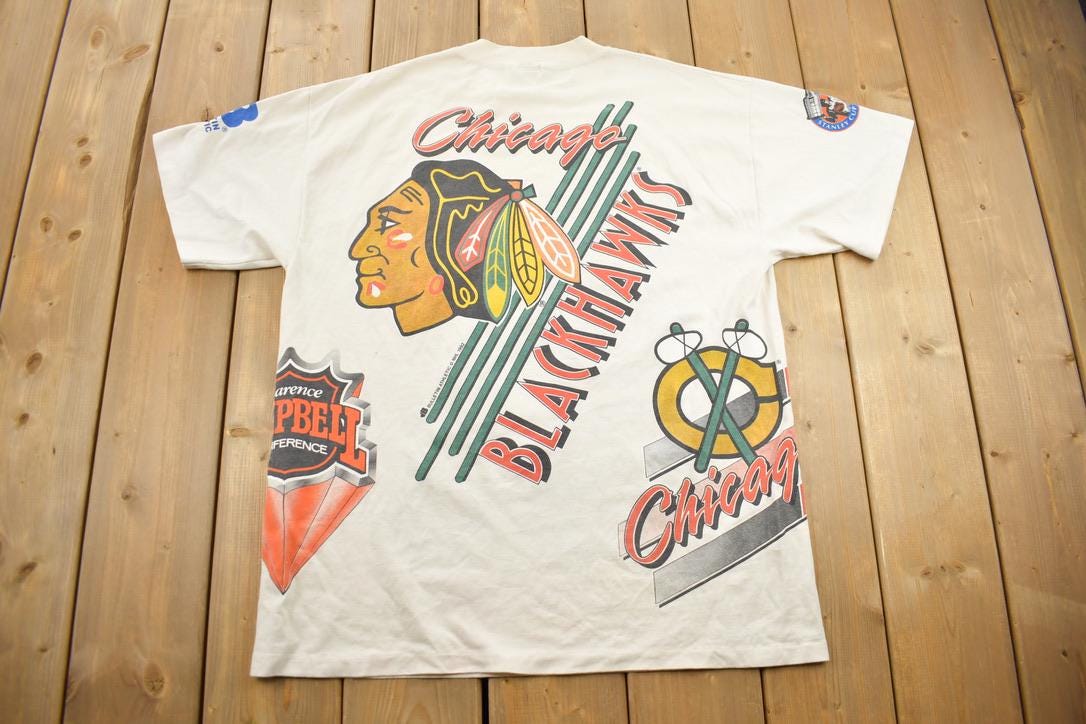 Vintage 1992 Chicago Blackhawks NHL All Over Print Graphic T-Shirt