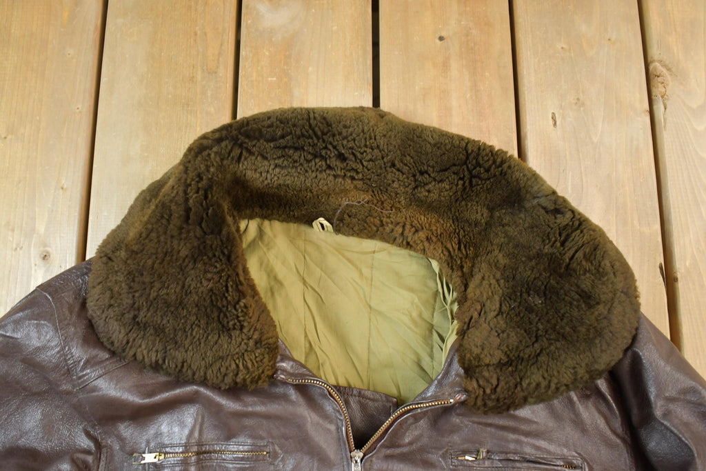 Vintage 1990s Brown Leather Bomber Shearling Collar Jacket Made In USA