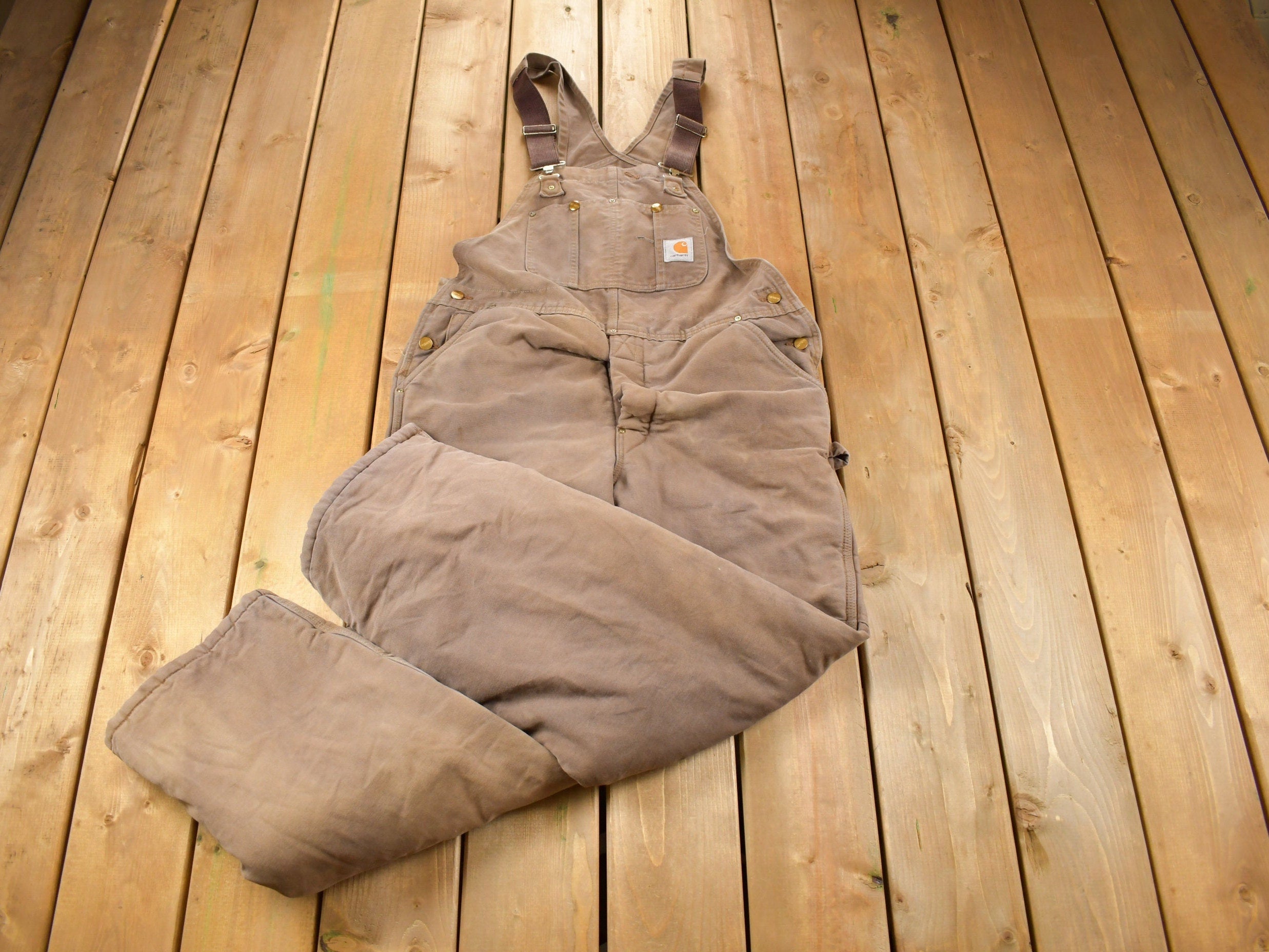 Vintage 1990s Carhartt Brown Double Knee Canvas Quilted Overalls Size 36 x 28