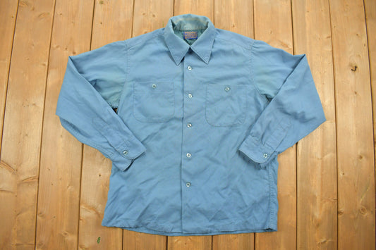 Vintage 1970s Pendleton Blue Button Up Shirt / 100% Virgin Wool / Casual Wear / Pocket Shirt / Made In USA / Collared Shirt