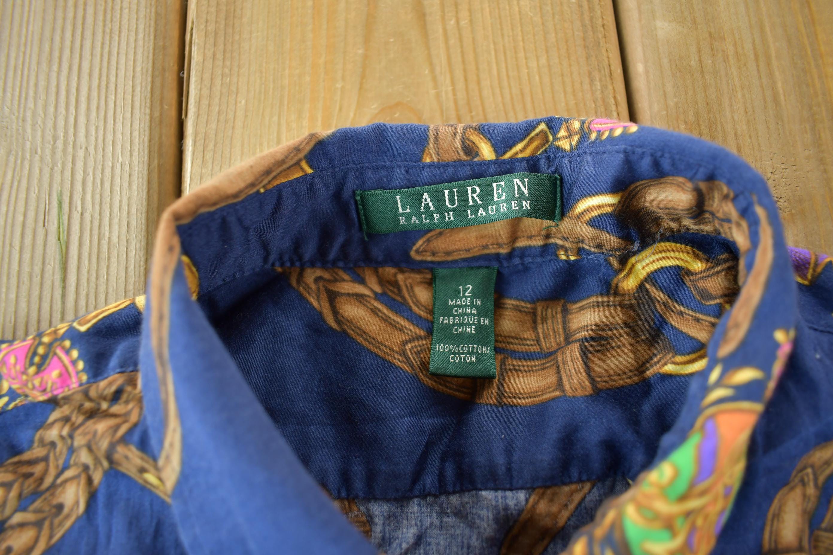 Vintage 1990s Lauren Ralph Lauren Equestrian Theme All Over Print Women's Blouse