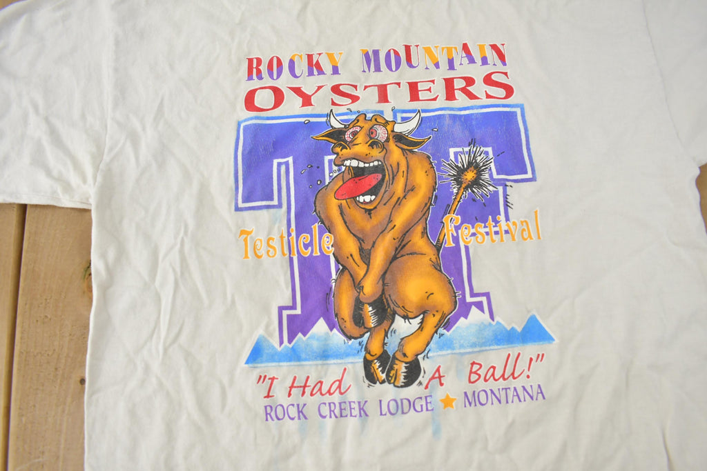 Vintage 1990s Rocky Mountain Oysters Rock Creek Lodge Montana Souvenir Travel T-Shirt Made In USA