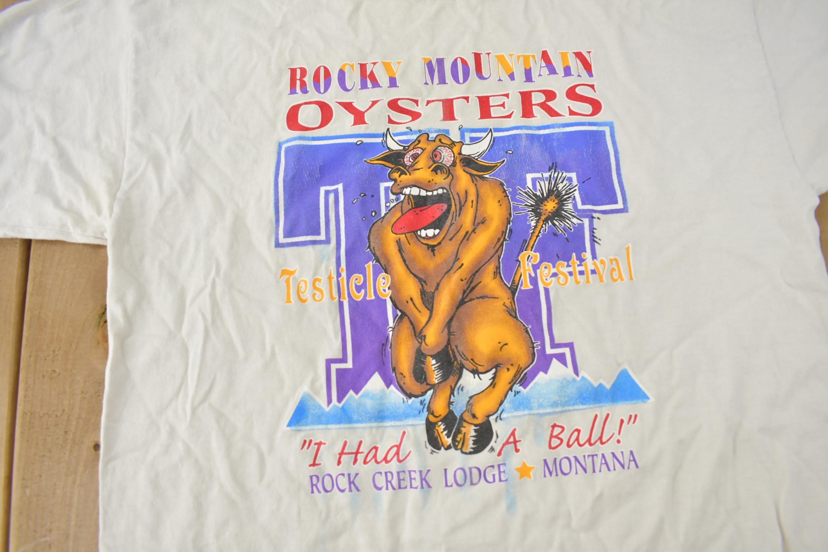 Vintage 1990s Rocky Mountain Oysters Rock Creek Lodge Montana Souvenir Travel T-Shirt Made In USA