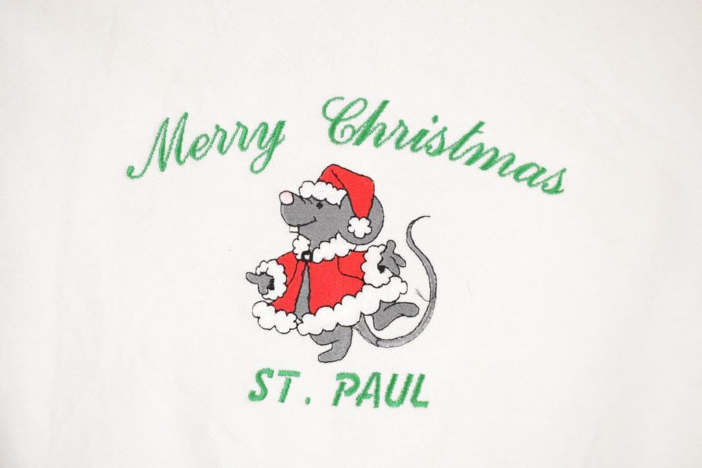 Vintage 1990s Merry Christmas Cartoon Embroidered Santa Mouse Crewneck Sweatshirt Mens L
