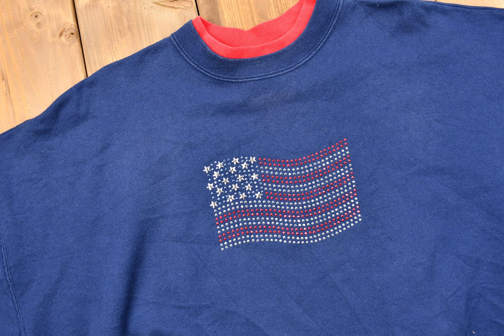 Vintage 1990s Bedazzled American Flag Crewneck Sweatshirt