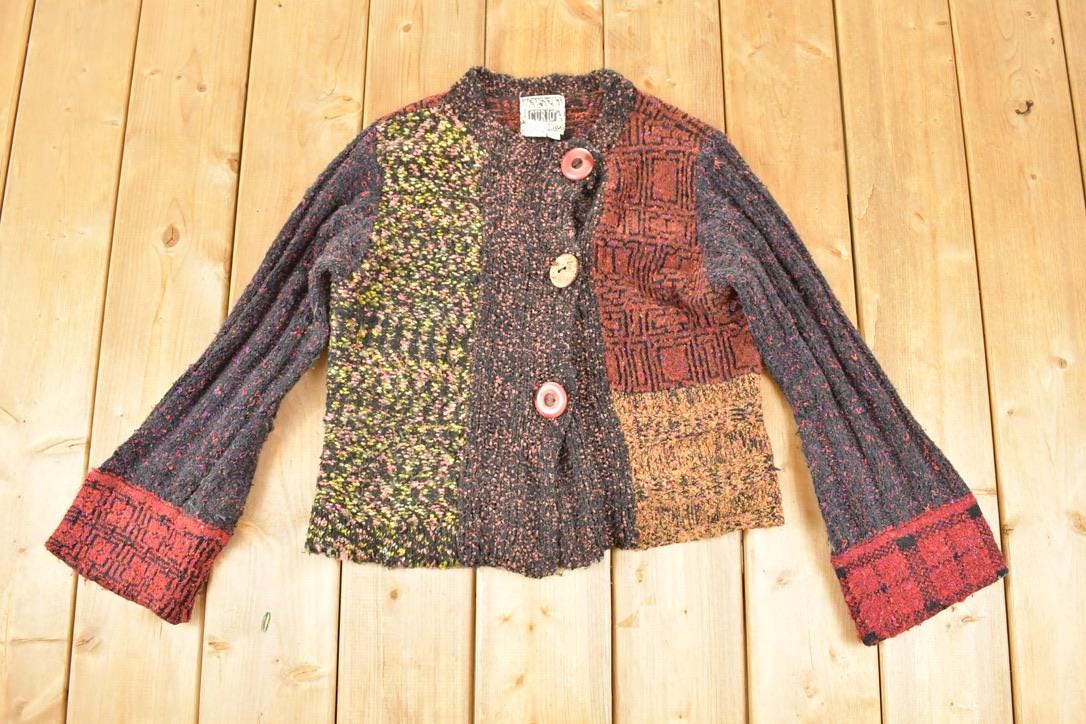 Vintage 1990s Curio Abstract Knit Cardigan Sweater Women's L / Preppy Knit Cardigan / Fancy Knit Vintage Cardigan / Grunge Sweater
