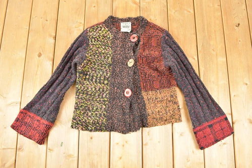 Vintage 1990s Curio Abstract Knit Cardigan Sweater Women's L / Preppy Knit Cardigan / Fancy Knit Vintage Cardigan / Grunge Sweater