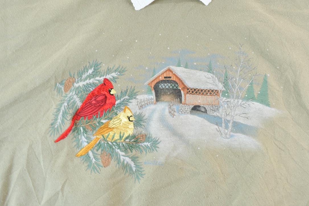 Vintage 1990s Winter Birds Cute Collared Embroidered Crewneck Sweater