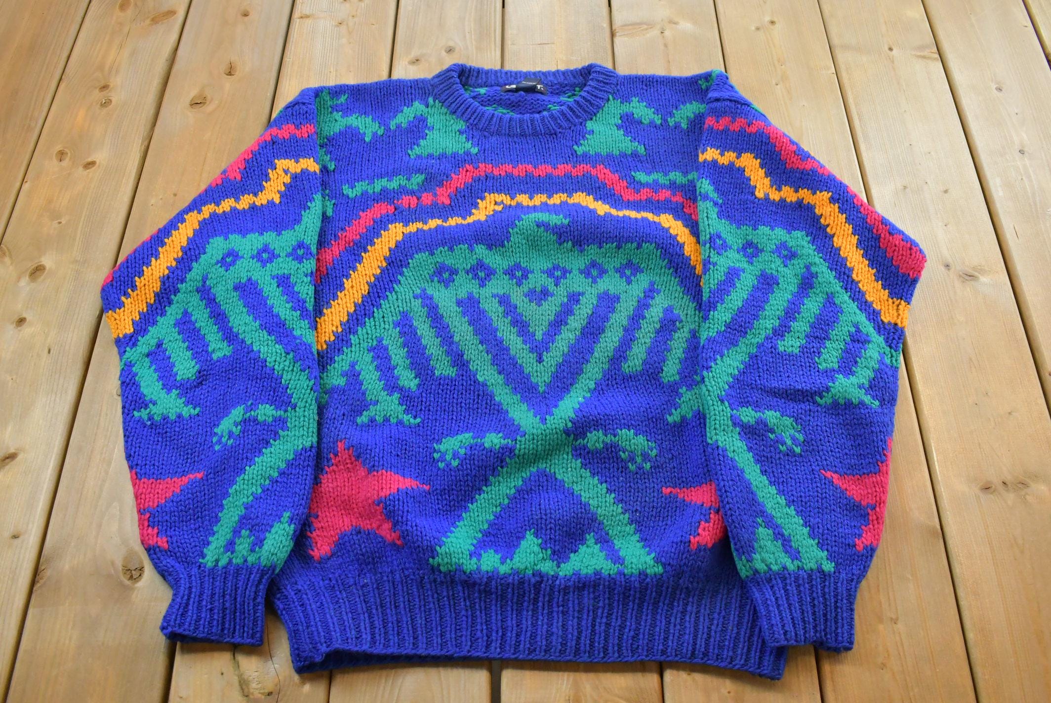 Vintage 1990s Gant Wool Knit Abstract Pattern Crewneck Sweater /
