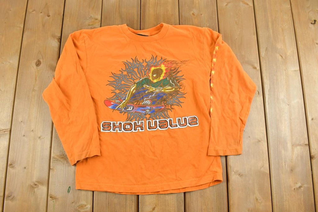 Vintage 1990s Shok Value Skateboarding Fire Head Graphic Long Sleeve T-Shirt