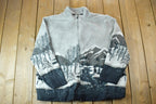 Vintage 1990s Tradition Country Collection All Over Print Mountain Theme Fleece Sweater  Outdoorsman  Hiking  Fleece Zip up