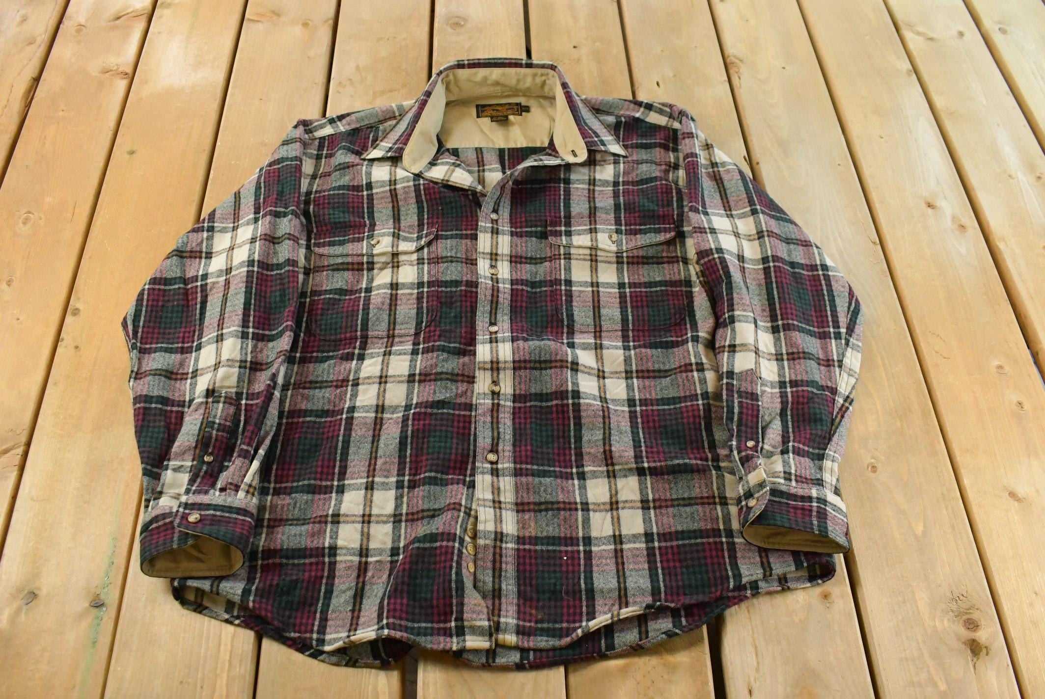 Vintage 1980s Eddie Bauer Wool Flannel Button Up Shirt Men's XL /