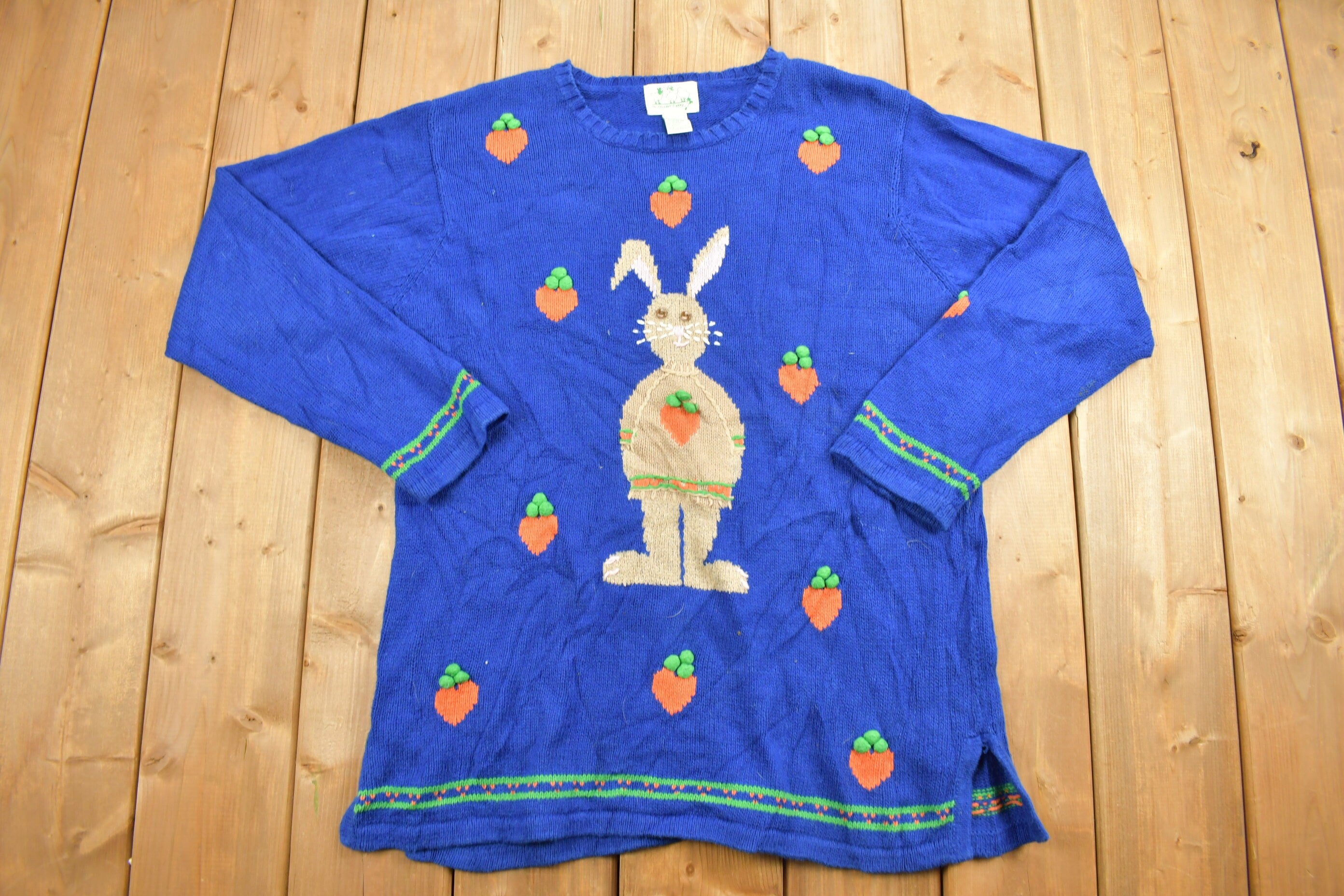 Vintage 1990s Easter Bunny Knitted Christmas Sweater  90s Holiday Crewneck  Winter Wear  Double Sided  Cute  Funny  Holiday Theme