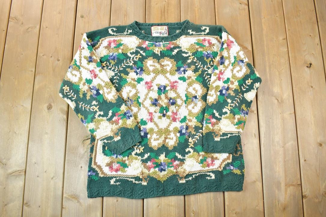 Vintage 1990s Crystal Kobe 3D Colored Cable Knit Crewneck Sweater