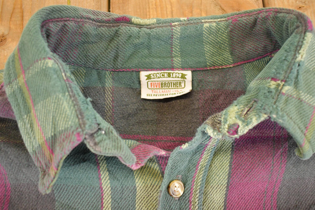 Vintage 1990s Five Brother Thrashed Plaid Button Up Shirt Men's L / 90's Rugged Polo