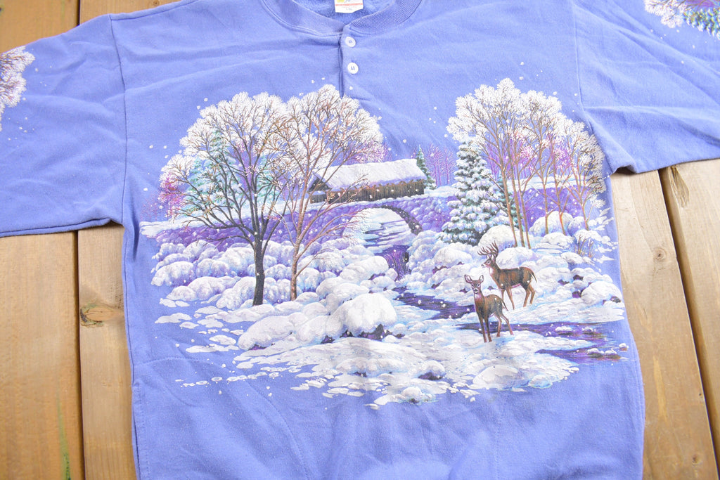 Vintage 1990s Winter Theme All Over Print Henley Sweater