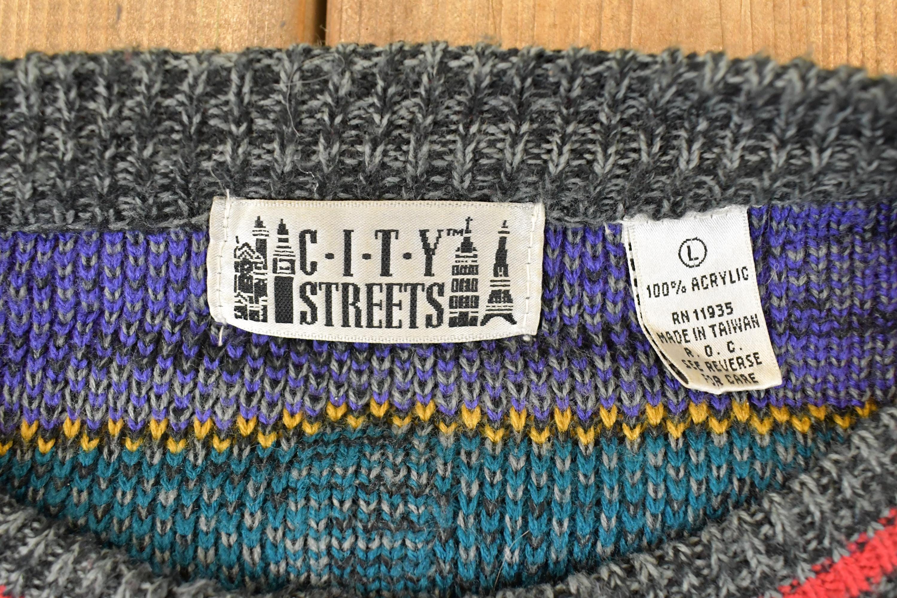 Vintage 1990s City Streets Abstract Knit Crewneck Sweater Mens L