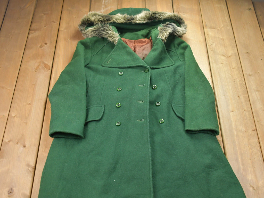 Vintage 1990s Wool Fur Hooded Full Length Jacket