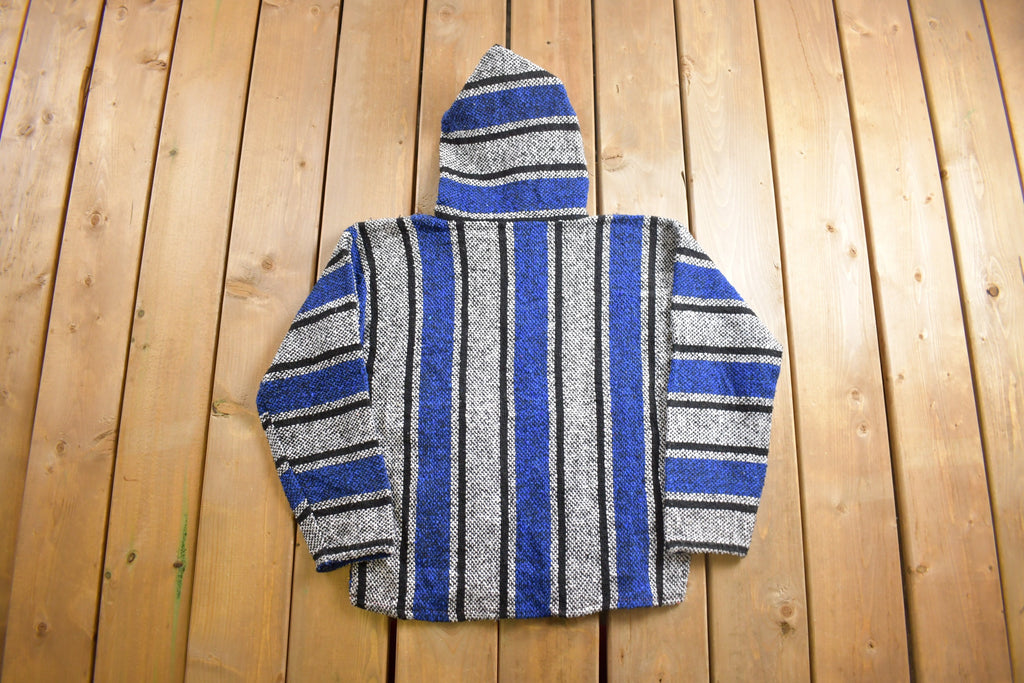 Vintage 1990s Chavitos Baja Hooded Pullover Striped Knit Poncho Blanket Hoodie
