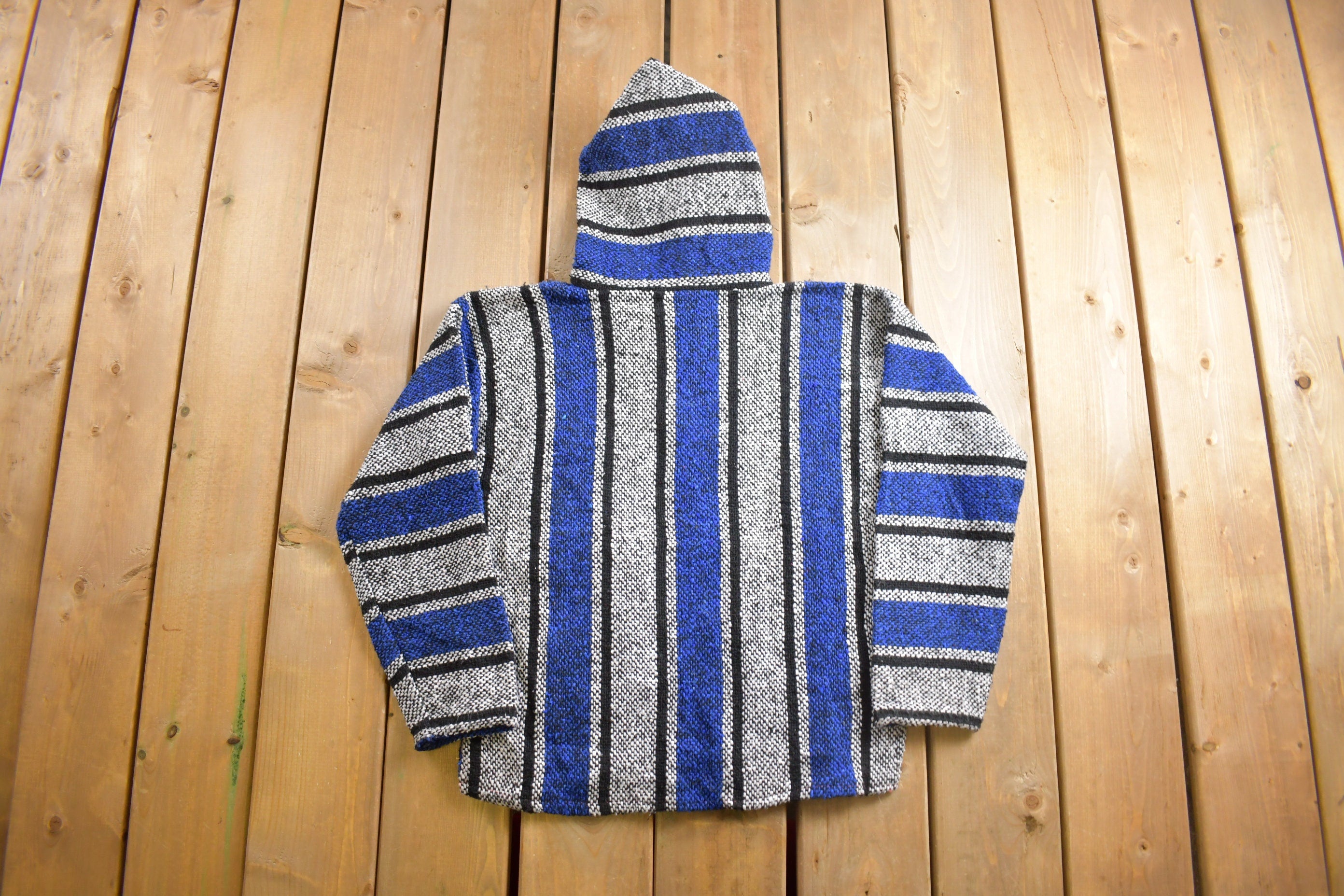 Vintage 1990s Chavitos Baja Hooded Pullover Striped Knit Poncho Blanket Hoodie