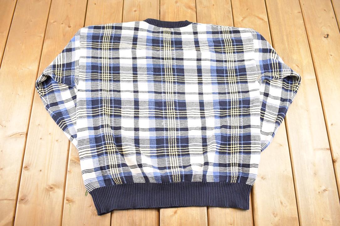 Vintage 1990s Nautica Plaid Knit Crewneck Sweater Mens L / 90's Abstract Pattern 3D Knitted Sweatshirt