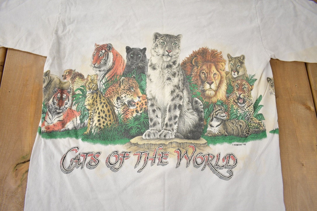 Vintage 1992 Cats Of The World Habitat Single Stitch Graphic T-Shirt Made In USA