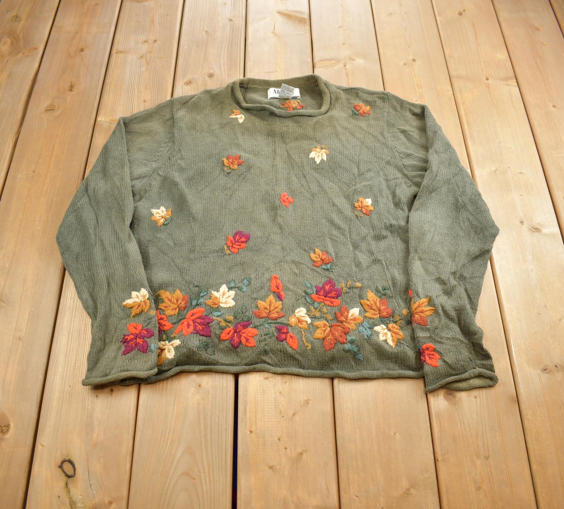 Vintage 1990s All Points Fall Theme Embroidered Knit Crewneck Sweater