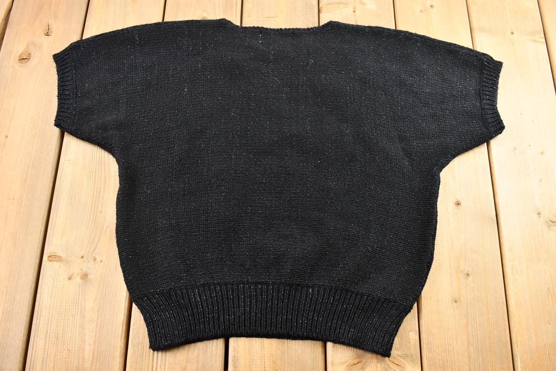 Vintage 1990s Jaclyn Smith Short Sleeve Black Floral Knit Crewneck Sweater