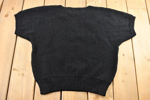 Vintage 1990s Jaclyn Smith Short Sleeve Black Floral Knit Crewneck Sweater