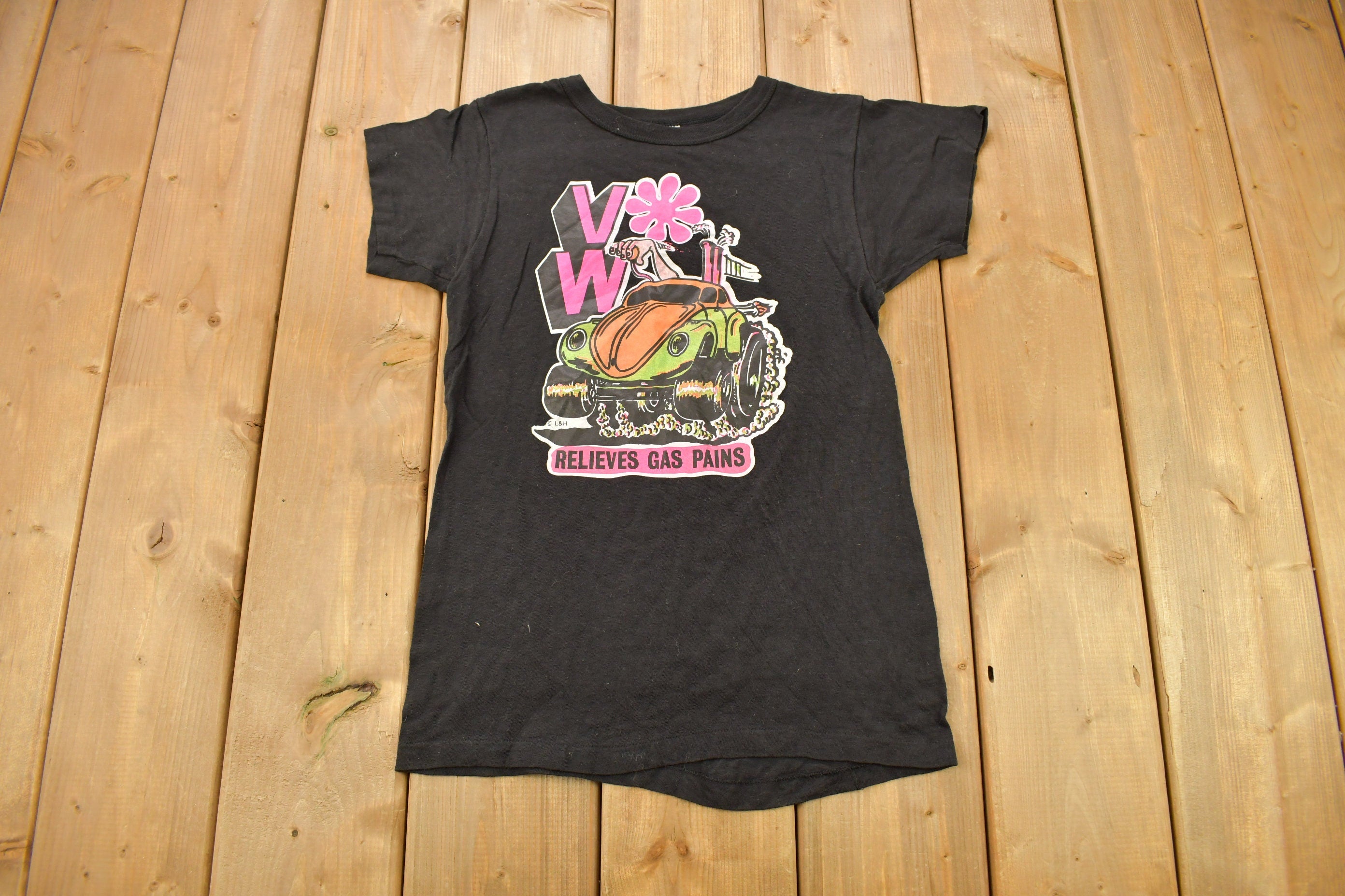 Vintage 1970s Volkswagen Relieves Gas Pains Iron On Graphic T Shirt